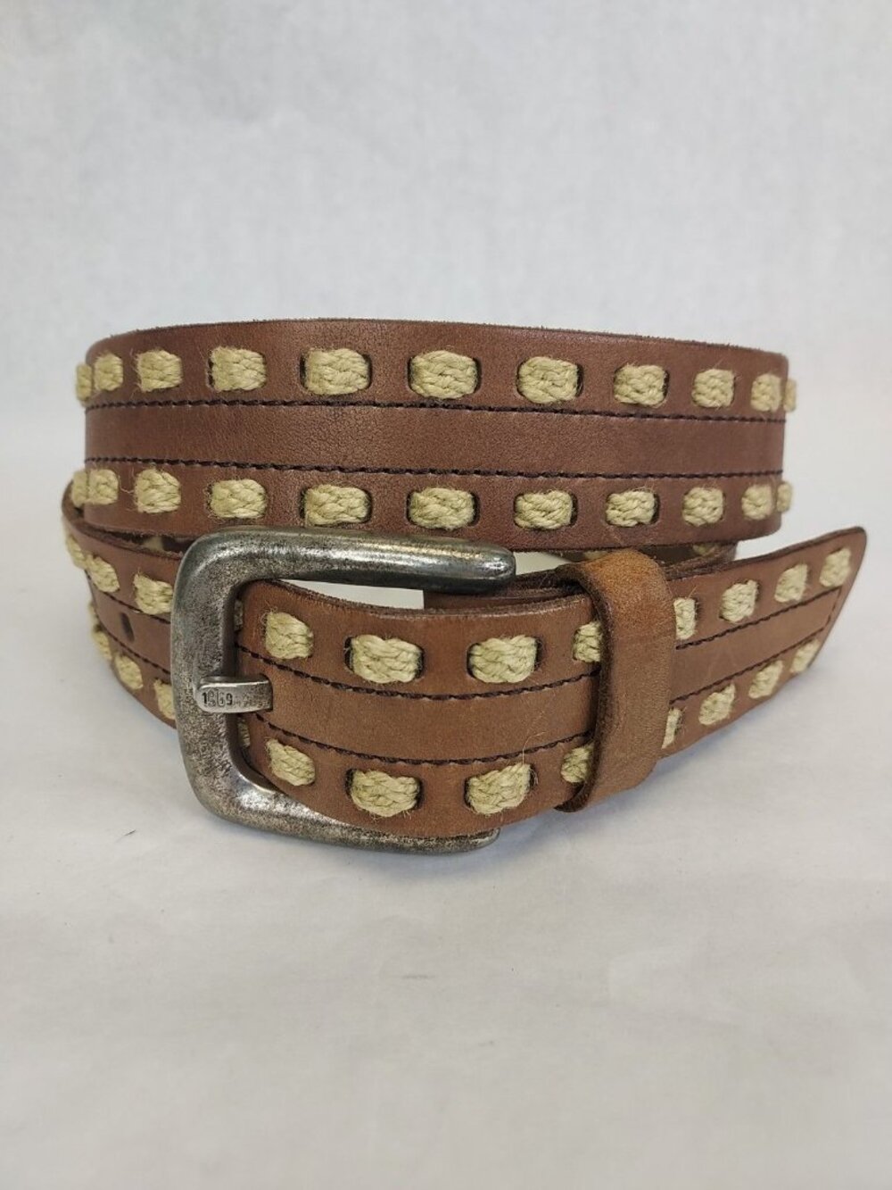 Western Rope Weave Men's Brown Leather Belt Metal Buckle 38"-42" Cowboy Ranch